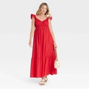 Universal Thread Red Maxi Dress Size Large | Flutter Cap Sleeve A-Line Tiered